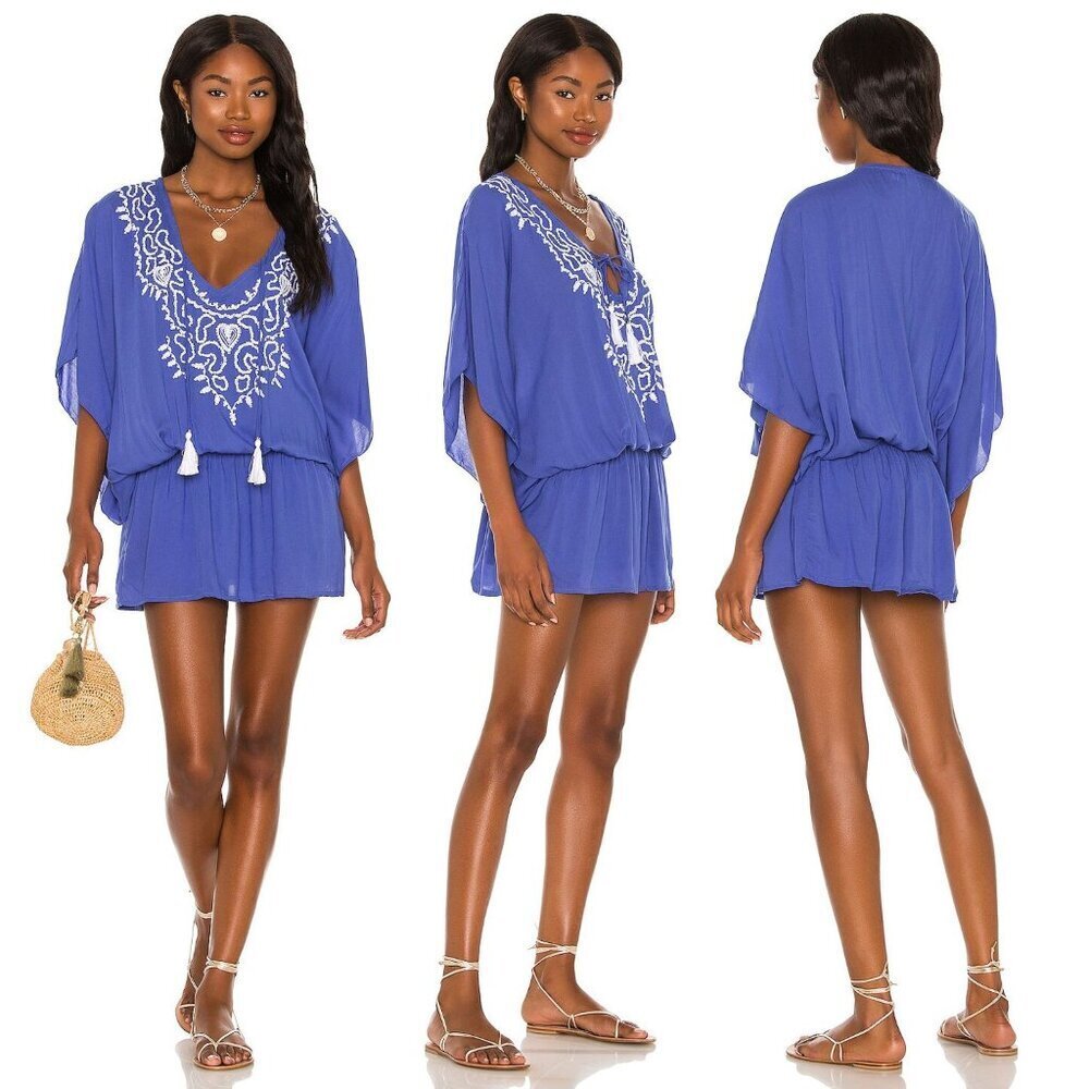 Tiare Hawaii Sky Blue & White Embroidery Margarita Mini Dress M/L 47779